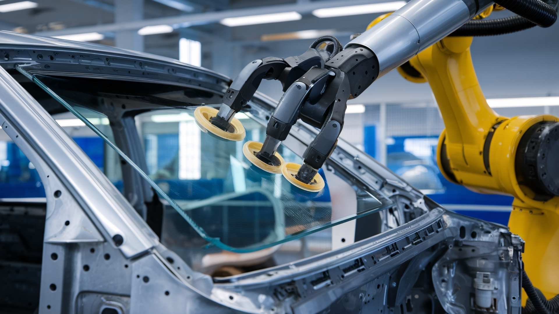Robotic-arm- installig-a-car-window-on-a-vehicle-frame-in-a-modern-automotive-manufacturing-facility-left