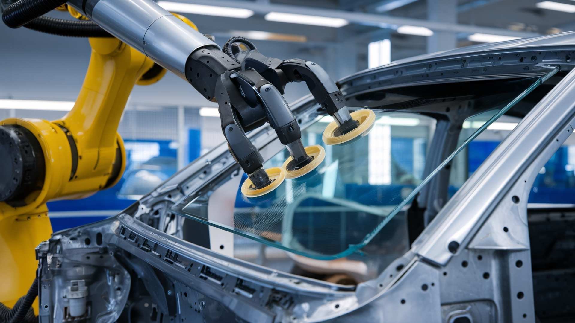 Robotic-arm- installig-a-car-window-on-a-vehicle-frame-in-a-modern-automotive-manufacturing-facility