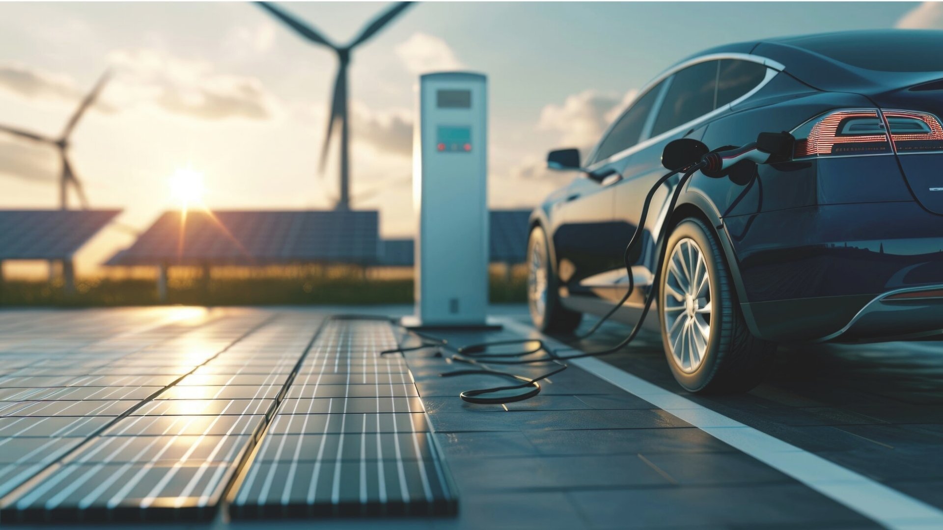 Electric-car-at-charging-station-surrounded-by-solar-modules-and-wind-turbines