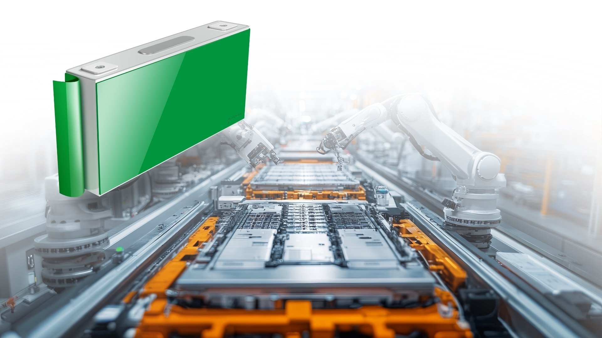 Serial Production EV battery manufacturing with roboter arms and a battery cell above with electrical insulation adhesive tape wrapped around