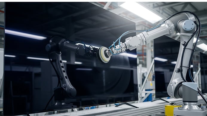 TV-display-automated-robotic-arm-polishing-flat-screen-TV-in-factory