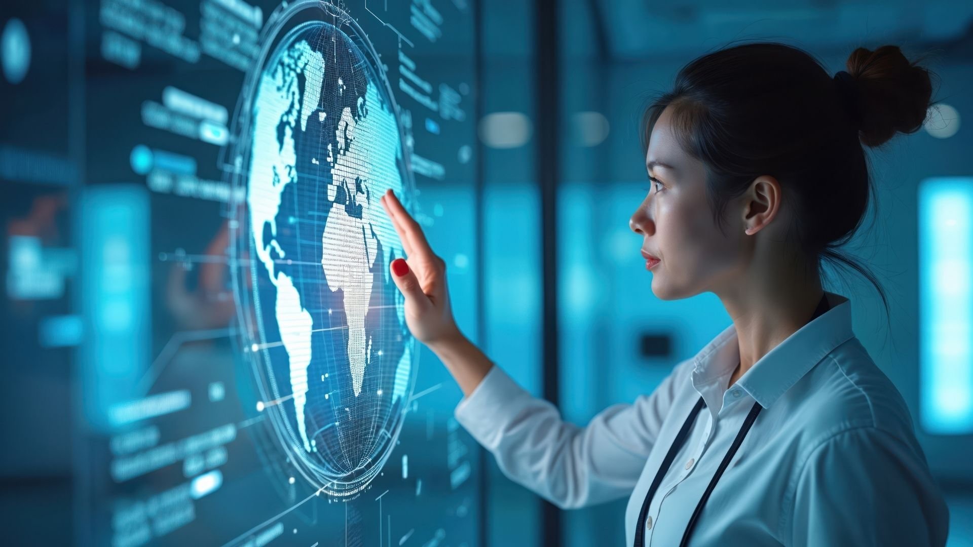 Woman-interacts-with-digital-world-map-on-touch-display