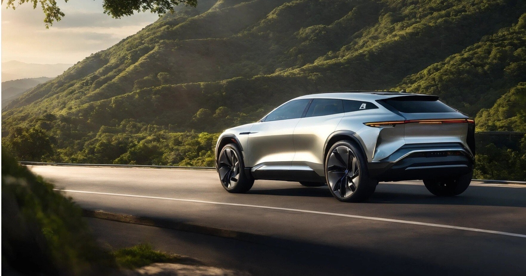 Automotive-all-terrain-vehicle-electric-car-illustration-on-road-in-landscape