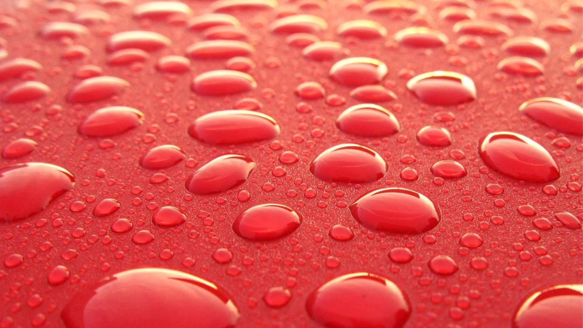 Automotive-exterior-water-droplets-on-red-paint-surface