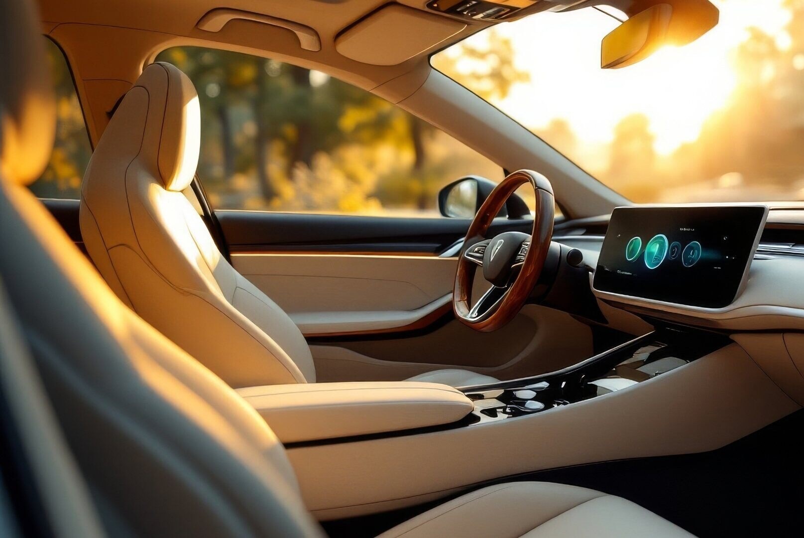 Automobil-Innenraum-Cockpit-Sitze-mit-Sonnenlicht-durch-Scheibe